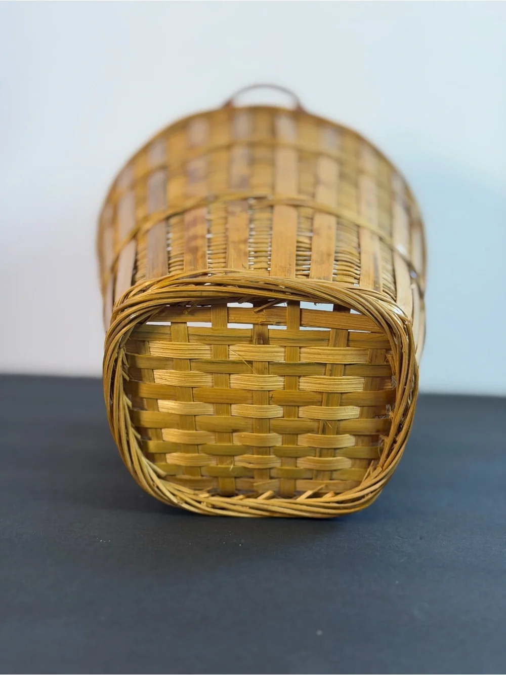 Vintage Hanging Tortoise Shell Woven Bamboo Basket Vintage 10x7in Boho Decor
